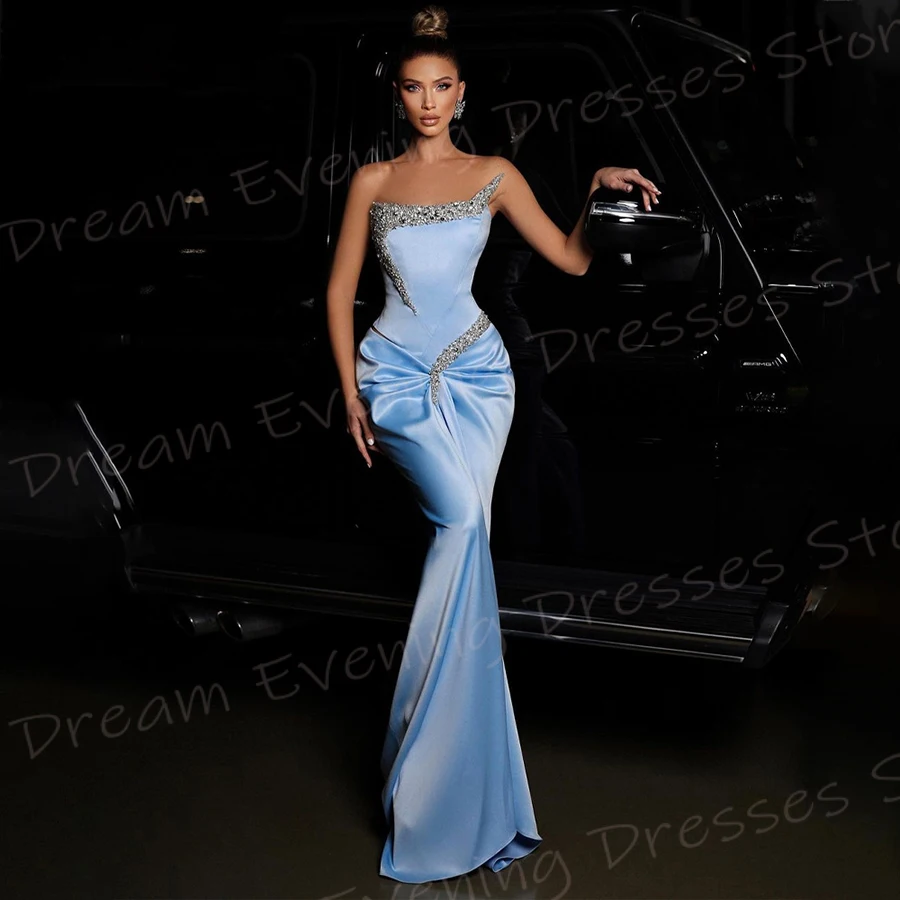 New Sky Blue Mermaid Pretty Women's Evening Dresses Sexy Strapless Sleeveless Prom Gowns Beaded Formal Party Vestido De Noche