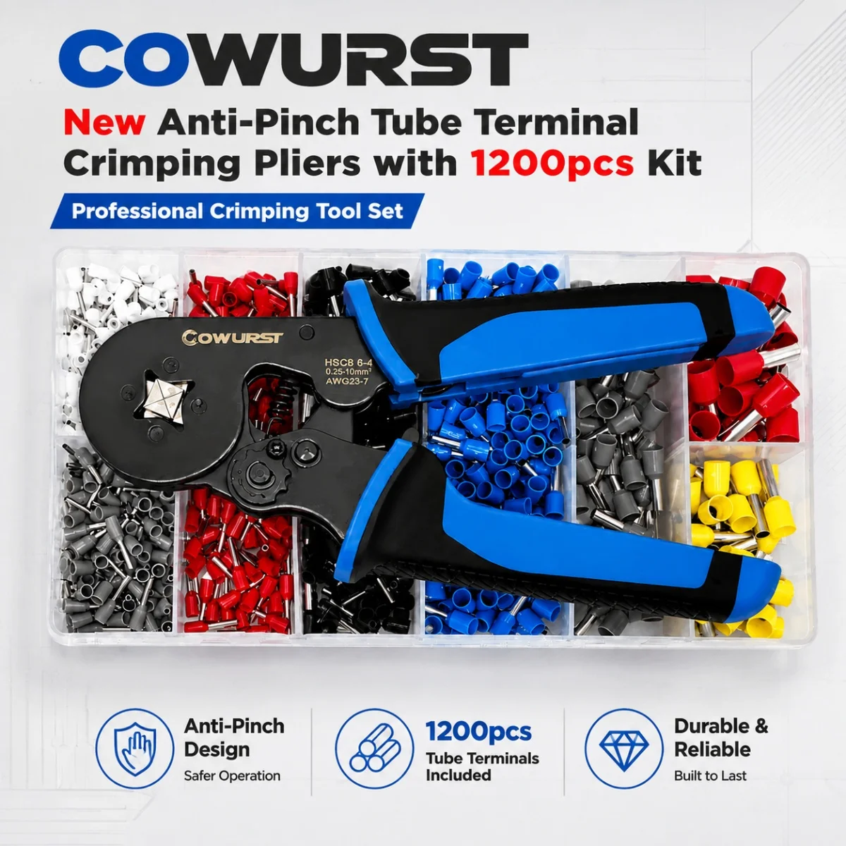 Anti-pinch tubular terminal crimping pliers HSC8 6-4, 0.25-10 mm² crimping pliers, with 1,200-piece terminal set