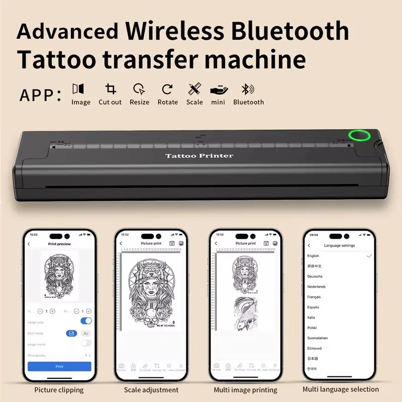 Imagem -02 - Impressora Térmica com 10 Papéis de Transferência Gratuita Portátil sem Fio Bluetooth Estêncil de Transferência de Tatuagem Máquina Premium Avançado