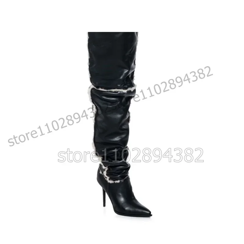 Sepatu Boots Wanita Tinggi Selutut Model Pleated Ujung Runcing Warna Hitam dengan Hiasan Bulu, Hak Tinggi Tipis, Gaya Fashion Terbaru untuk Pesta 2023, Zapatos Para Mujere