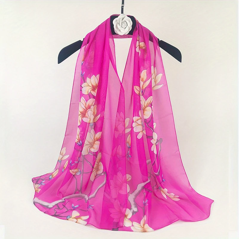 Summer New Fresh and Breathable Thin Natural Flower Printing Chiffon Women's Long Scarf Sunscreen Women's Scarf