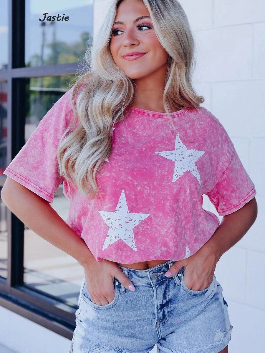 Star Print Distressed Women Summer T-shirts Street Fashion Loose Casual Short Sleeve Tee 2024 New O-Neck Pullover Tops