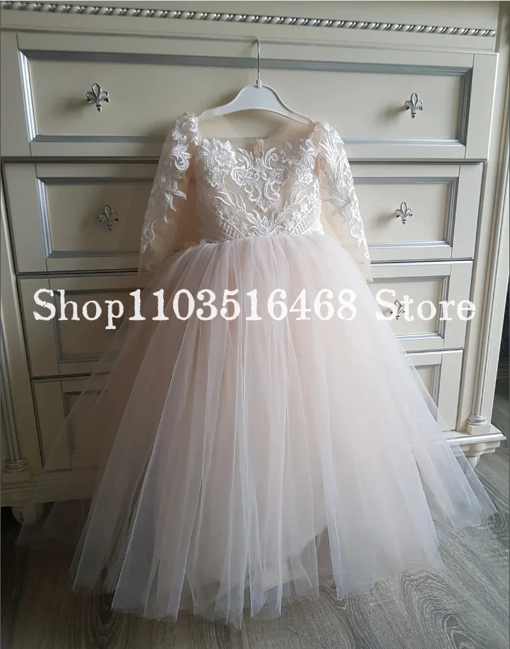 Ivory Flower Girl Dresses Mini Quinceanera Dresses Luxurious Long Sleeve Lace Appliqué Tutu Customised Princess vestido de festa