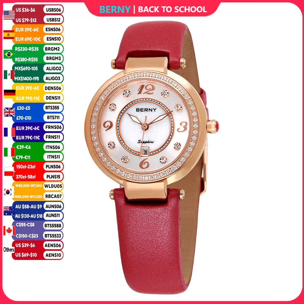BERNY Watch for Women Calendar Sapphire Elegant Quartz Women's Wristwatch Luxury Diamond inlaid Clock S/S Leather Ladies Watches