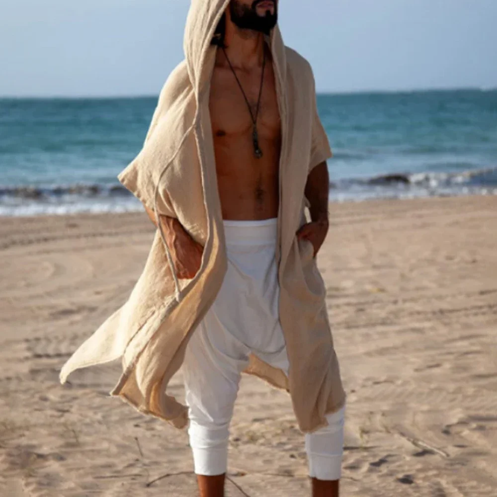 

Новая летняя мужская однотонная солнцезащитная пляжная одежда с капюшоном, модная универсальная повседневная накидка в праздничном стиле для путешествий