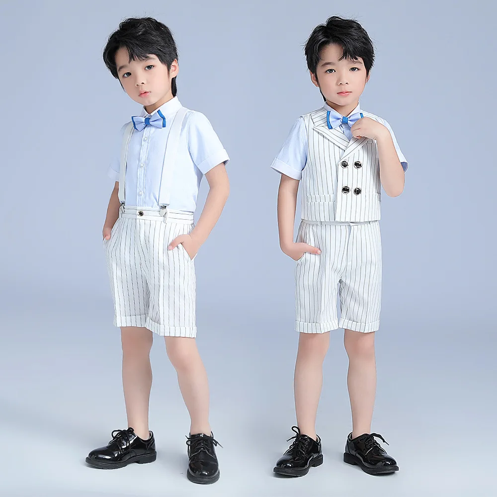 

Prince Kids Summer Shirt Suspender Shorts Bowtie 4PCS Formal Suit Boys Wedding Photography Suit Child Costume Teenager Uniform