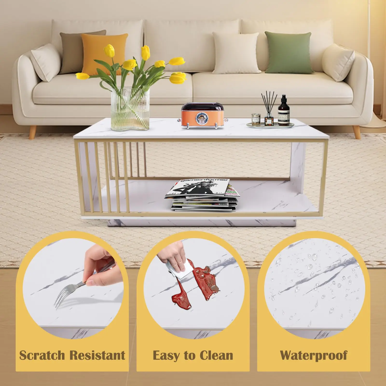 Tfcfl Современный золотой журнальный столик Прямоугольный центральный стол, журнальные столики из искусственного мрамора и МДФ Столик для телевизора Коктейльный столик Диван Торцевая вкладка