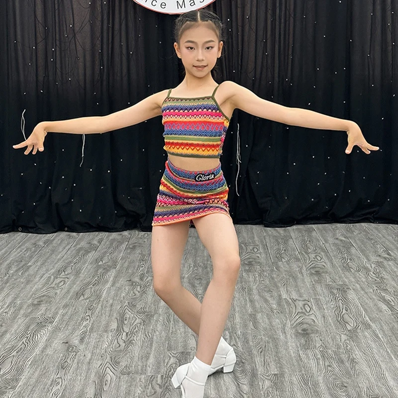 Vestito da ballo latino colorato Ragazze estive Sling Top Gonna avvolgente Set ChaCha Rumba Abiti da pratica Abbigliamento da ballo per bambini 3765