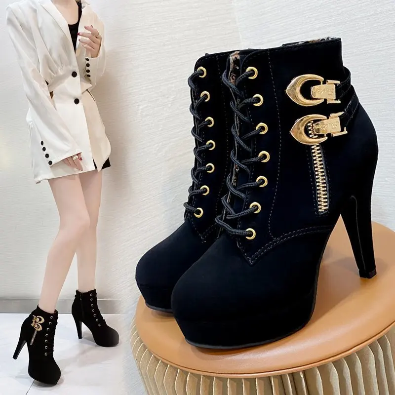 

2025 Autumn Women Chunky Heeled Ankle Boots Woman Metal Decoration High Heels Booties Lace Up Platform Short Boots Plus Size 43