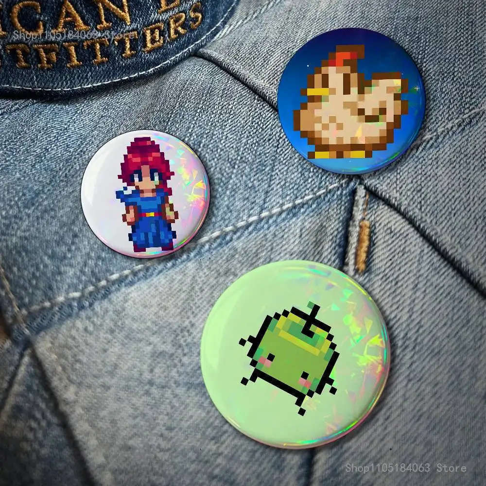 Game S-Stardew Valley Reflective Pin Tinplate Round Brooch Cartoon Cosplay Badges for Bag Hat Toys Gifts