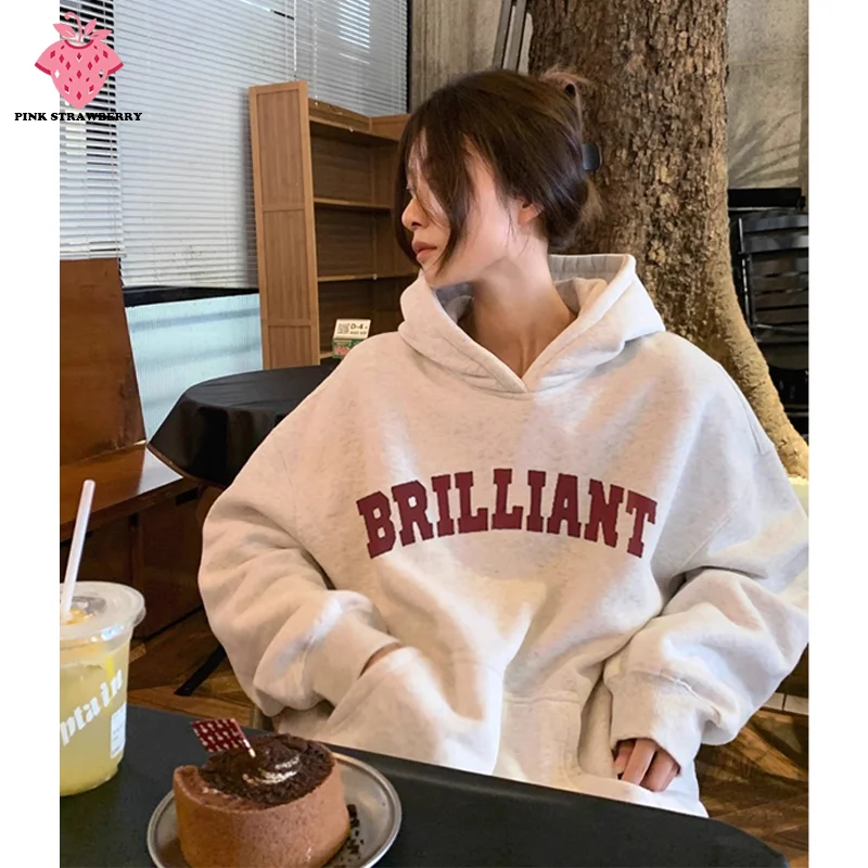 Oversize White Gray Hoodie Women Autumn Winter 2025 New American style Long sleeves Pullover Sweatshirt Y2K Tops Ladies clothing