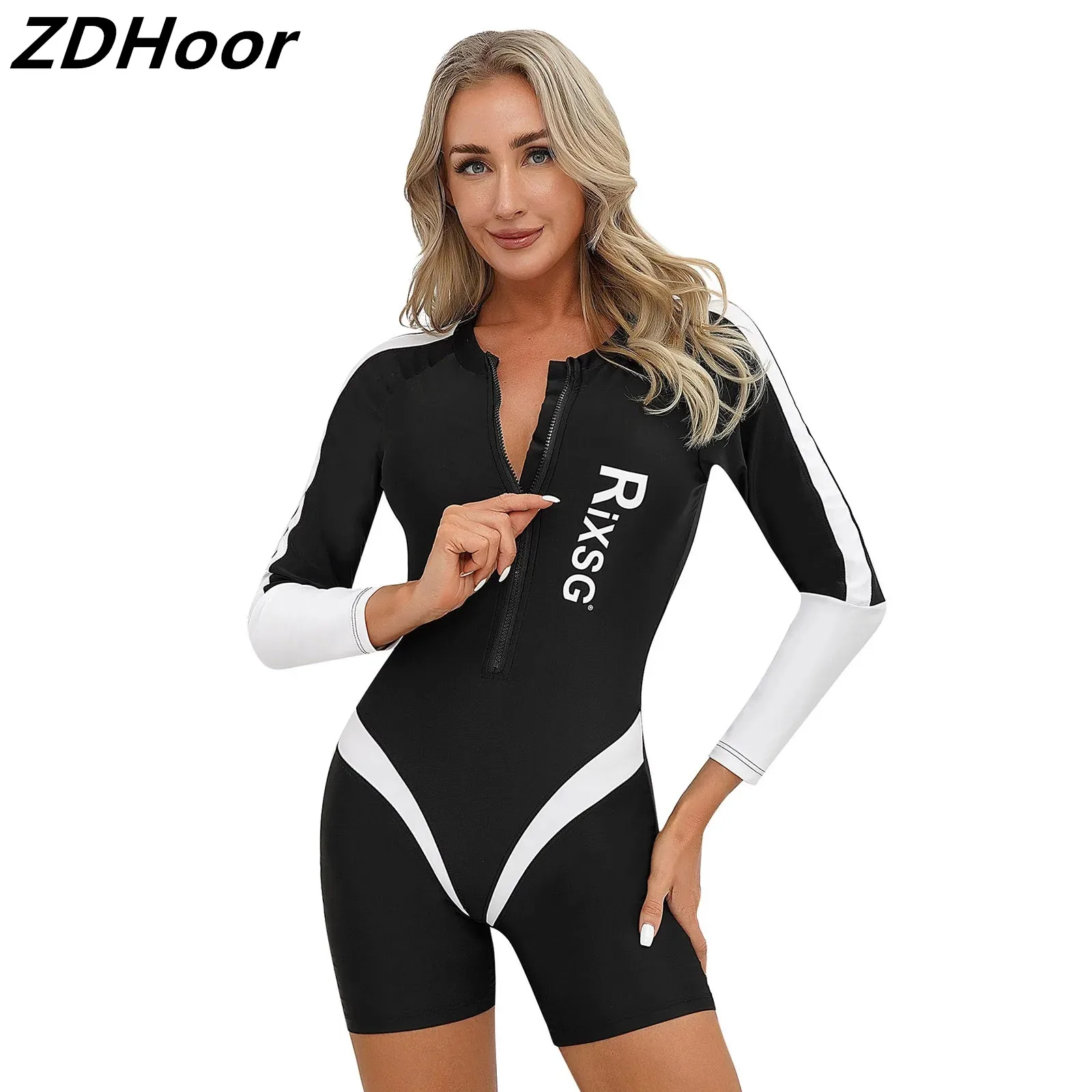 Women Color Block One-piece Swimsuit Long Sleeve Front Zipper Chest Pads Swimming Jumpsuit Bathing Bodysuit Pool Beach Swimwear