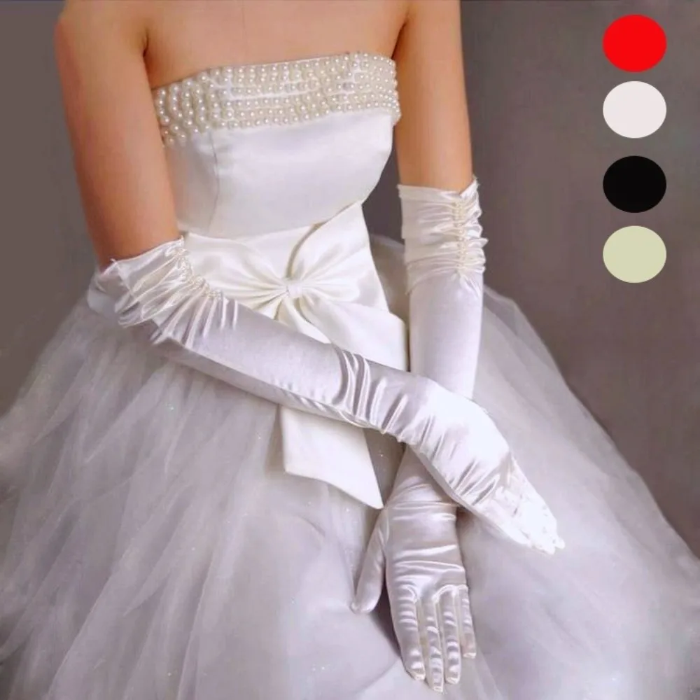 Wedding Accessories Beaded Bridal Gloves Solid Color Satin Wedding Gloves With Finger Satin Dress Gloves Party