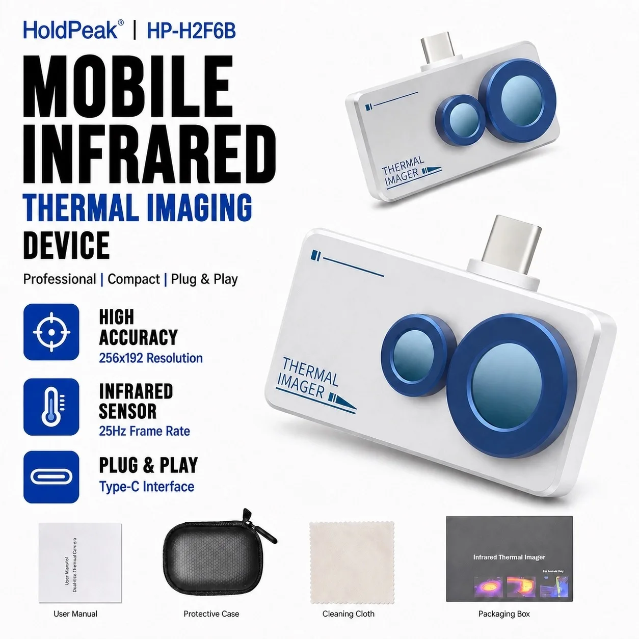 Thermal Camera for Android Phone 256×192 USB‑C Infrared Imager Dual Lens 640×480 Visible Camera -15°C~600℃ Temperature Detector