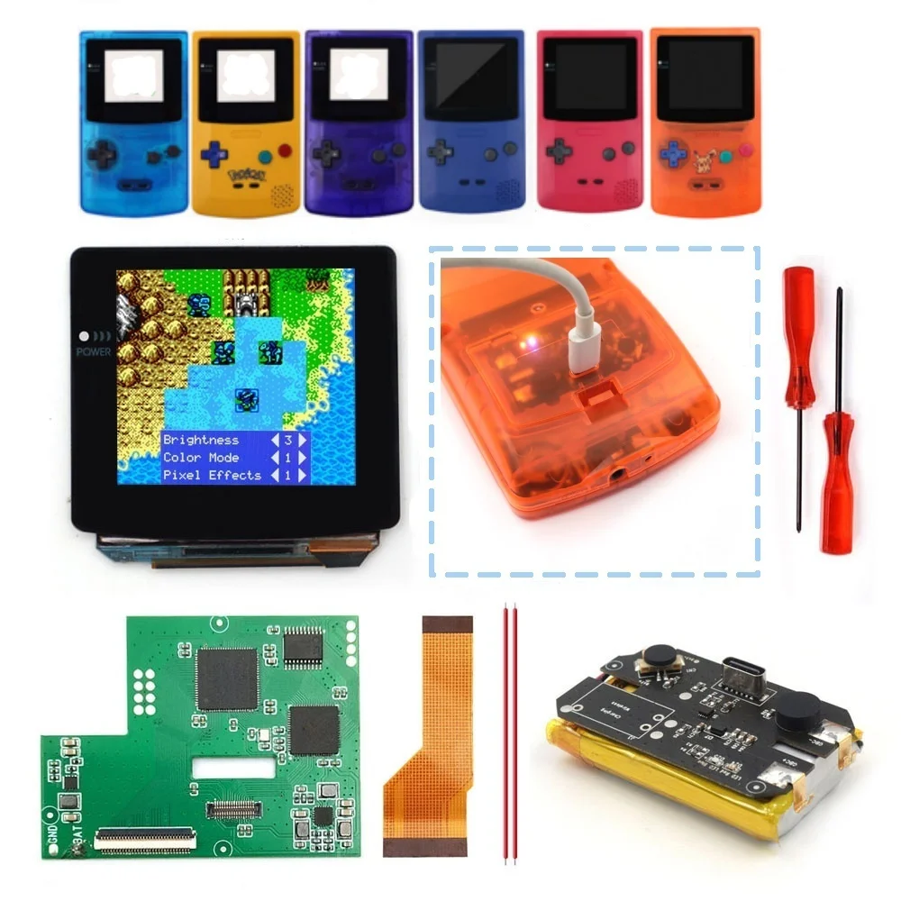 Rechargeable Type C OLED Screen Touch Laminated AMOLED Screen Drop in For GBC GameBoy Color w/Pre-cut Shell Lithium Battery