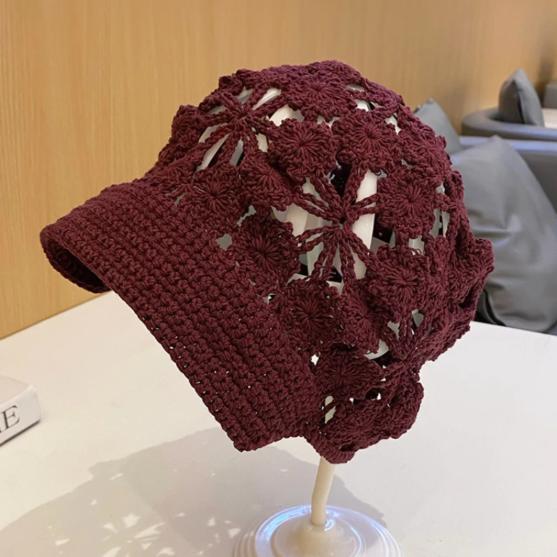 Spring/summer Hollow Baotou Hat Female All-matching Face Small Sleeve Hat Thin Breathable Hand-hooked Flower Baotou Hat Beret