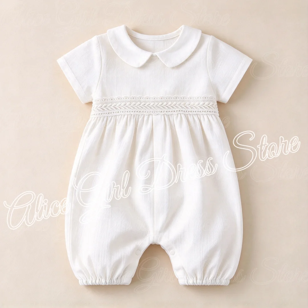 Baby Baptism Romper White Lace Peter Pan Collar Infant Short Sleeve Jumpsuit Newborn Christening Outfit Baby Girls Formal Clothe
