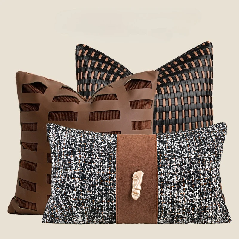 

Hotel café sofa decorative pillow cover PU leather woven square pillow black and orange-brown spliced lumbar cushion cover