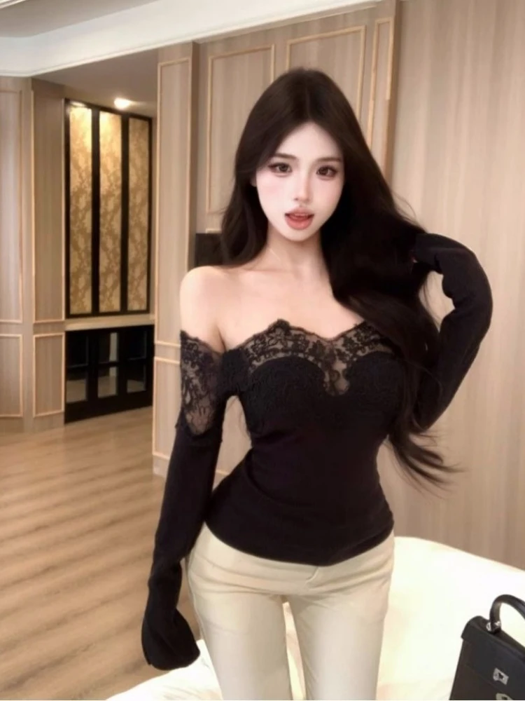 Y2k esthétique Sexy dentelle Patchwork hauts 2025 Streetwear automne Slash cou t-shirts femmes Grunge Harajuku manches évasées moulante t-shirts