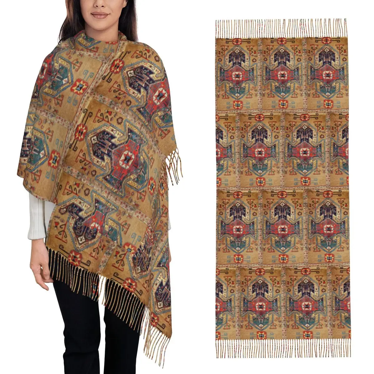 

Kurdish Turkish Kilim Bohemian Persian Tribal Ethnic Art Scarf Tassel Scarves for Women Warm Shawls and Wraps Large Shawl Wrap