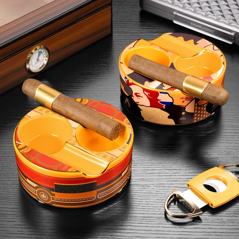 

Large Caliber Circular Ceramic Cigar Ashtray with 2 Slot Smoke Trough High Quality Creative Ornament Pattern Cigar Ash Tray
