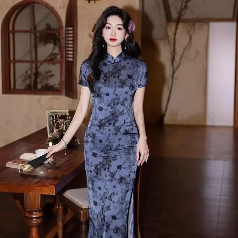 

Женское винтажное китайское платье Ципао большого размера 3XL с цветочным принтом, повседневное молодежное платье, летнее облегающее платье Cheongsam с короткими рукавами