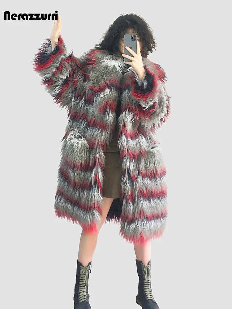 Nerazzurri Winter Long Shaggy Hairy Gradient Colorful Thick Warm Soft Fluffy Faux Fur Coat Women Pockets Luxury Designer Clothes