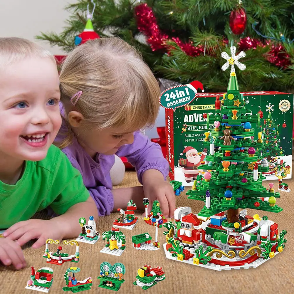 Juego de juguetes de construcción de árbol de Navidad con luz LED Calendario de Adviento de Navidad Calendario de cuenta regresiva de Navidad Regalos de Navidad para niños adultos