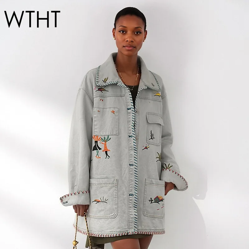 WTHT New Trendy Women Cute Embroidery Design Casual Loose Denim Jacket 2026 Spring Fashion Lapel Long Sleeve Coat Female 1LS2989