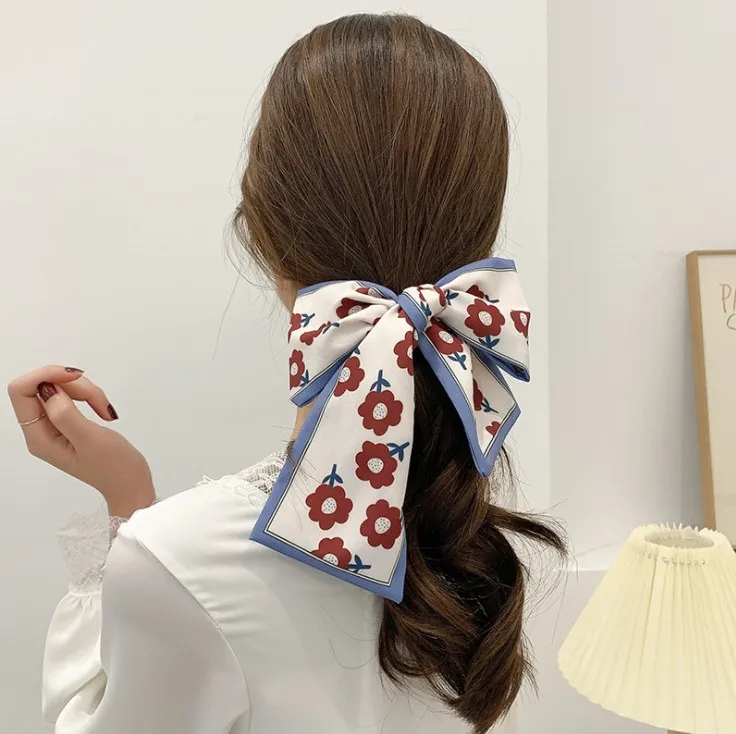 Women Silk Scarves Hair Band Chiffon Ponytail Holder Hair Ties Hair Rope Headwear Hair Accessories Long Ribbon Bow Hair Band