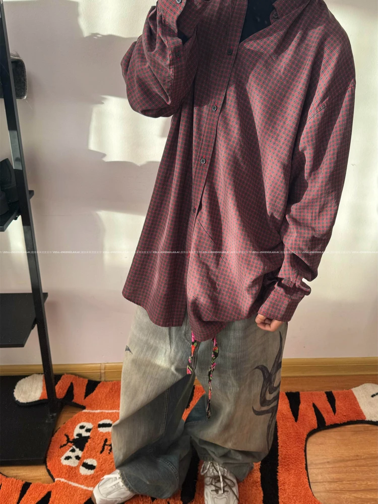 

Красная клетчатая рубашка VANA ILUSION из 100% шелкового хлопка, оверсайз, модная, с длинными рукавами, на пуговицах, для весны и осени