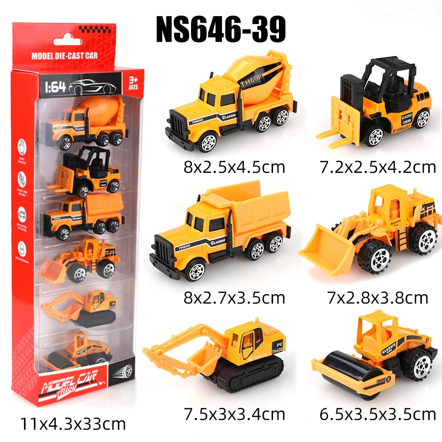 (Boxed) 1/64 Mini-Baugahrzeug-Druckguss-Spielzeugset, 6-teilig, Metalldruckguss, Jungenspielzeug, Schiebemodell, kein Rückzug.