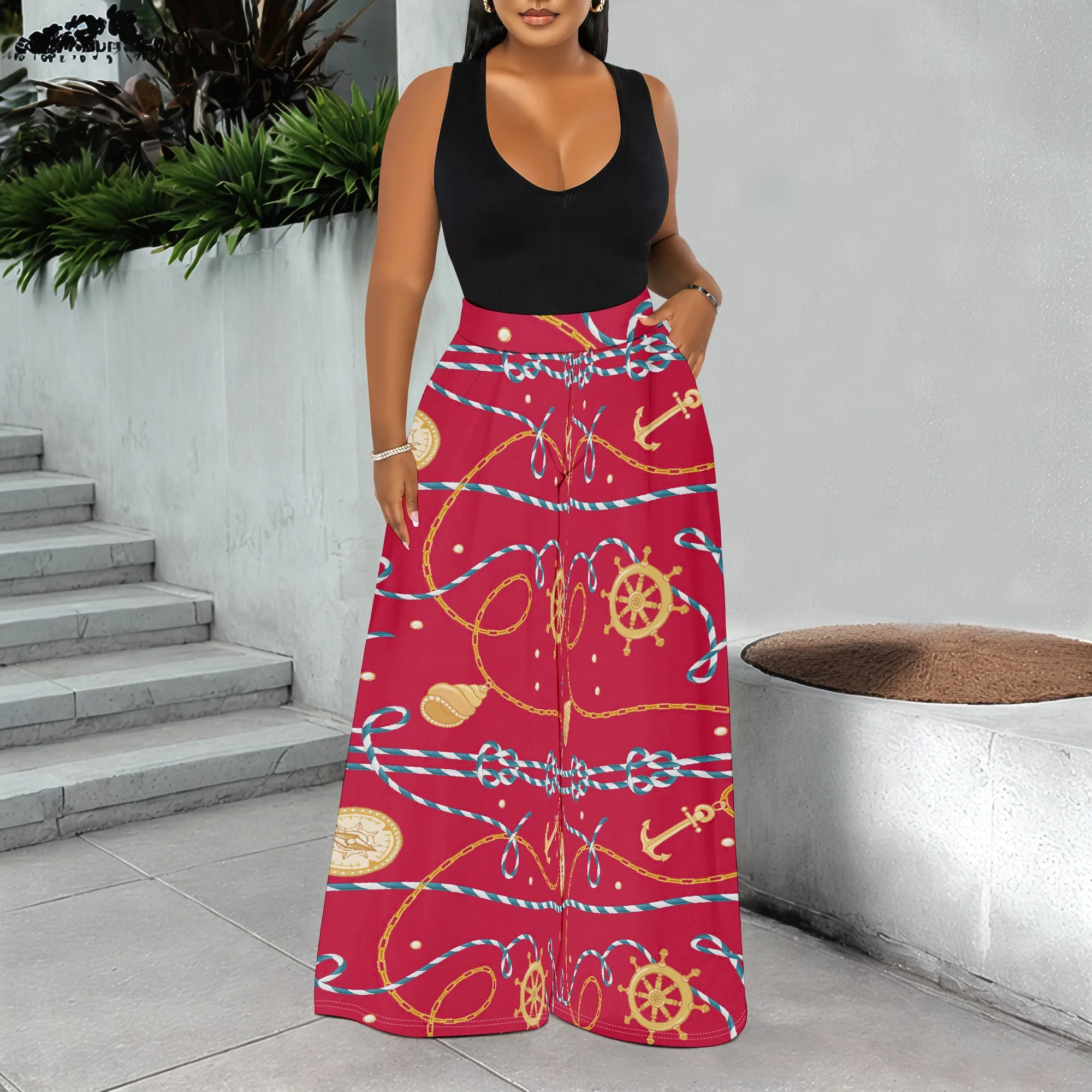 

Women's Spring and Autumn Fashion Chain Printed Pocket Pants, Casual Home Pants