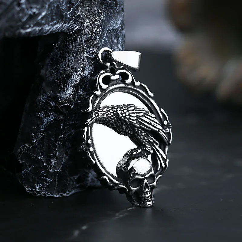 Fashion 316L Stainless Steel 2023 New Arrive Fashion Skull Head With Crow Pendant Necklace For Man Women Mirror Charm Gift