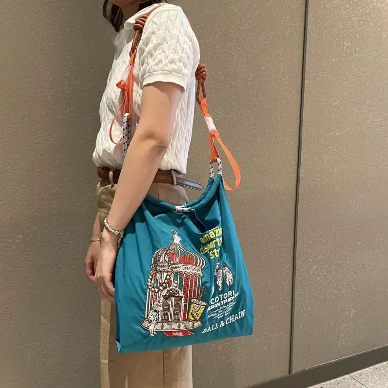 

Kawaii Ball Chain Canvas Bag Hot Air Balloon Series Foldable Girls' Large Capacity Oxford Shoulder Handbag Embroidered Nylon Bag