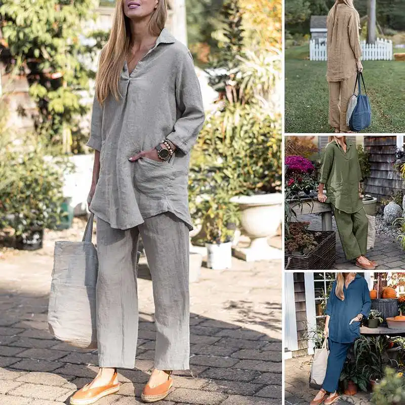 Shirt Wide Pant Sets Women Casual Two Piece Set Full Sleeve Turn Down Collar Top Pocket Long Pants Solid Office Lady Autumn