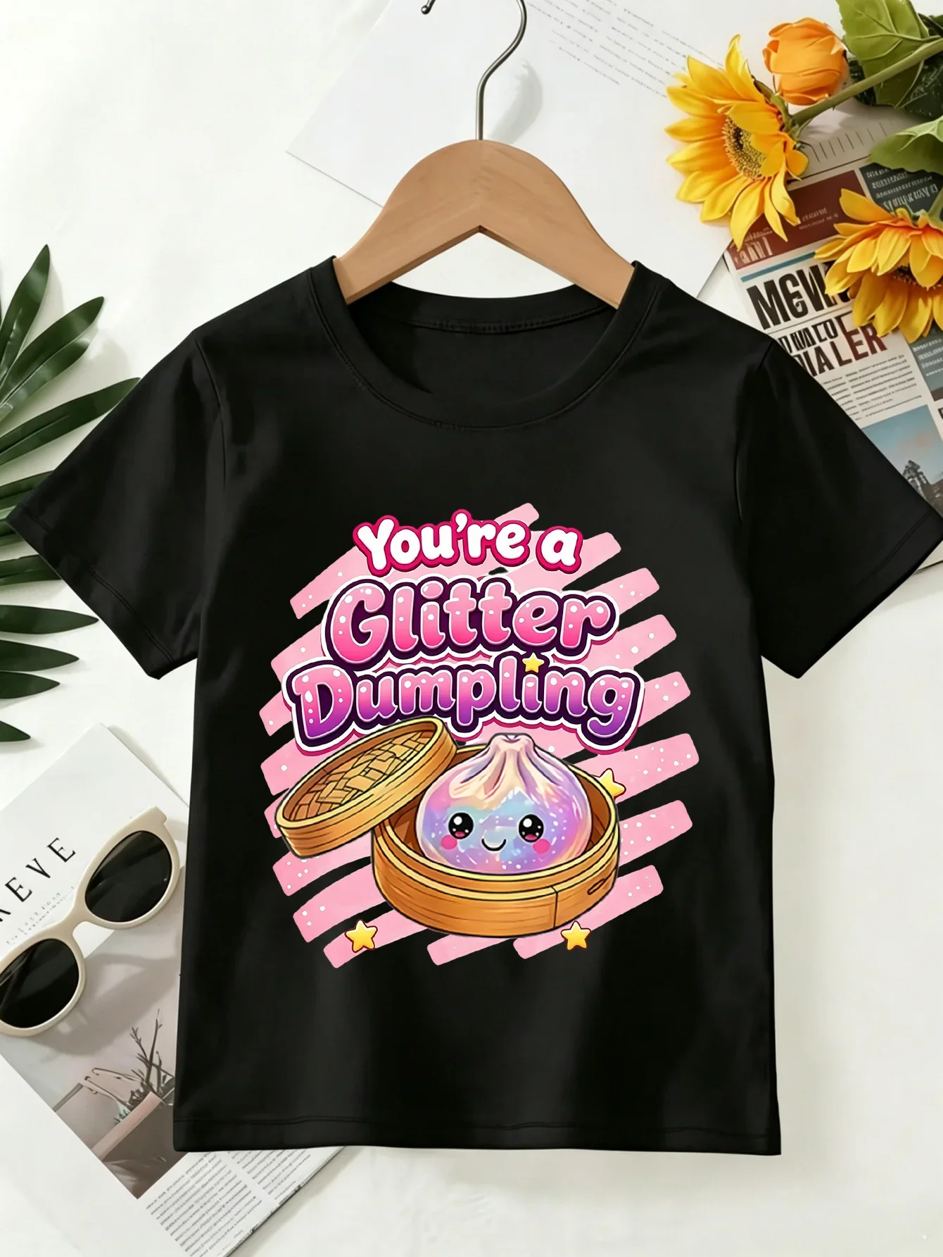 Kawaii Glitter Dumpling Bamboo Steamer Cartoon Graphic Kids T Shirt Boys Girls Family Matching Summer Crew Neck Casual Tee