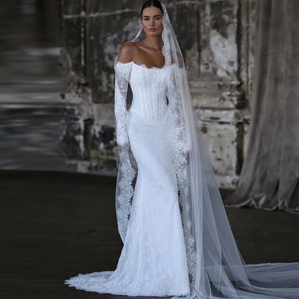 Modisches Brautkleid mit U-Boot-Ausschnitt und langen Ärmeln, Applikationen aus Spitze, Robe de mariée, maßgeschneiderte Meerjungfrau-Brautkleider mit Schnürung am Rücken