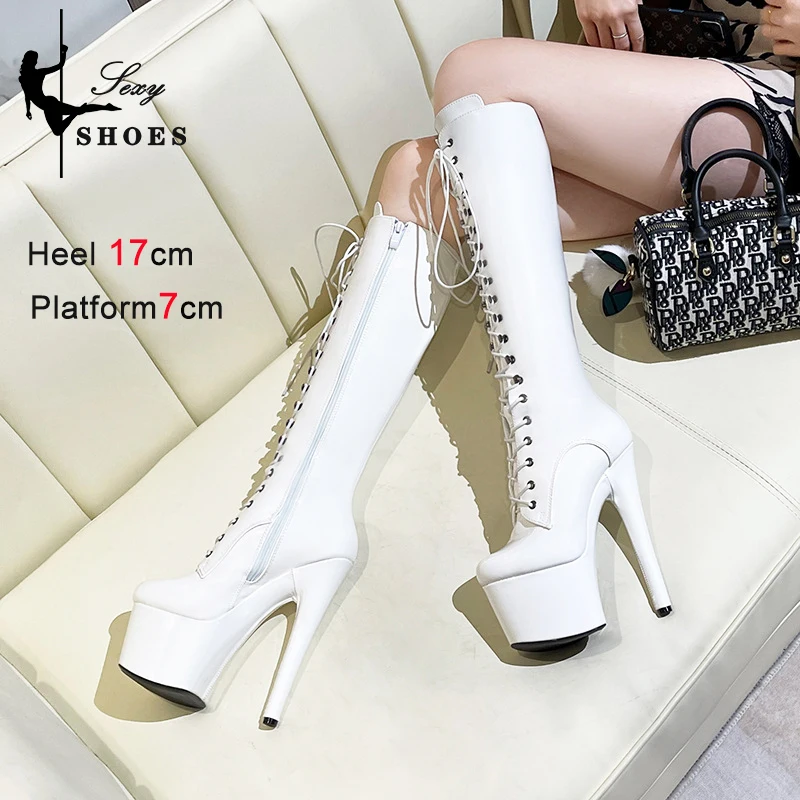 Platform Women Boots 17CM 2023Spring/Autumn Waterproof Bright Patent Leather Plus Size Knee-High Boots Tacones Mujer Talon Femme