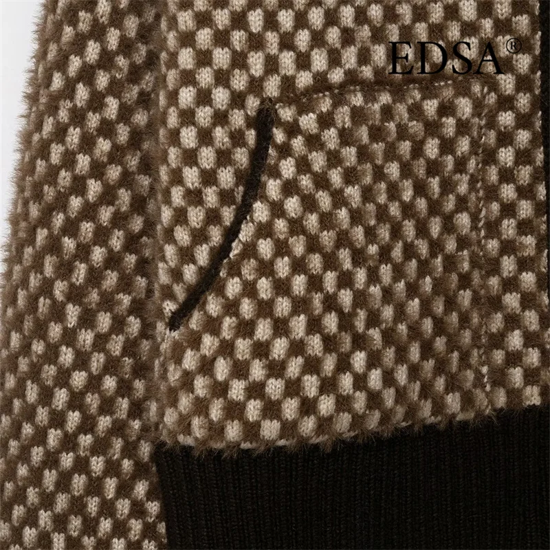 EDSA Chaqueta corta de piel sintética tejida en contraste para mujer, chaqueta Bomber informal de manga larga con cuello alto y cremallera lateral para mujer