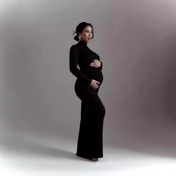 Vestido de maternidad ajustado con cuello alto, vestido diario de maternidad elástico de manga larga, vestidos largos