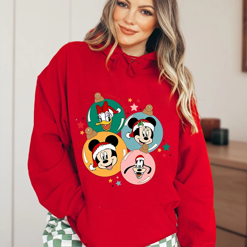 Mickey Mouse Christmas Print Women\'s Autumn and Winter Hoodie Plus Velvet Sports Sweater Red Loose Top