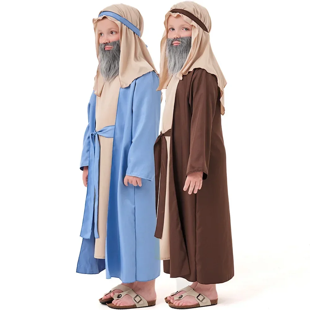 Kids Child Middle East Arab Arabian Elder Cosplay Costume for Boys Shepherd Cosplay Robe with Beard Halloween Party Cosplay