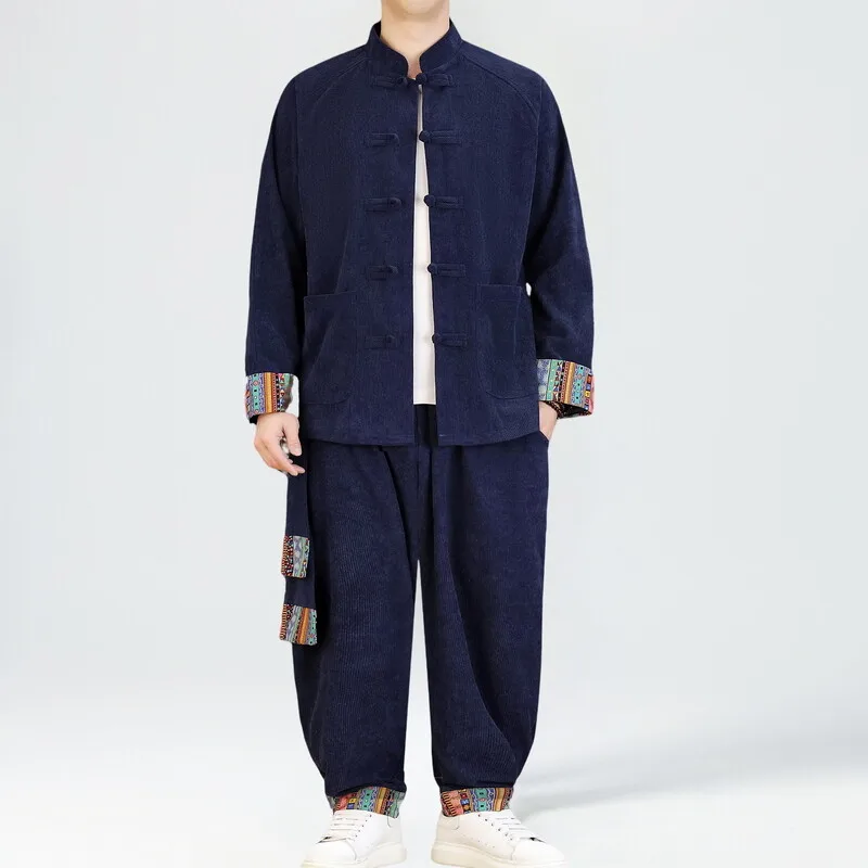 

2025 Men Chinese Style Retro Tang Suit Men Patchwork Corduroy Set Printed Hanfu Men Print Sets Male Vintage Kung Fu Suit