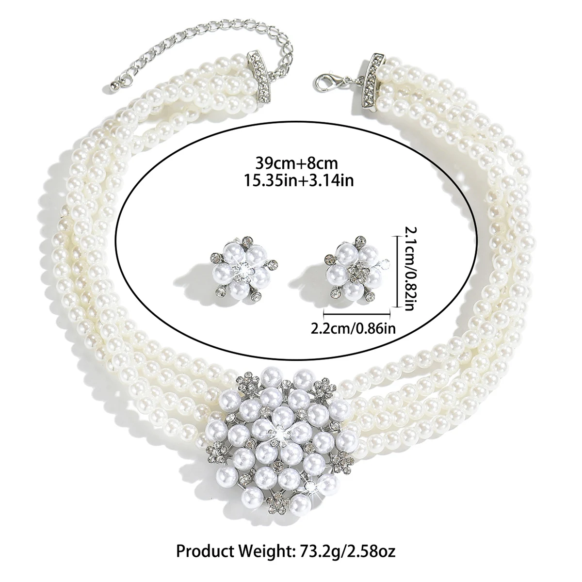 Women Multi‑Strand Pearl Flower Rhinestone 2‑Pcs Jewelry Set Vintage Bridal Set Light Wedding Travel Photoshoot Gift Accessory
