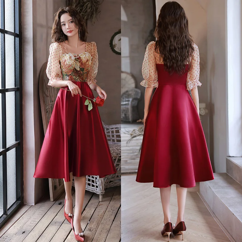 

It's Yiiya Burgundy Strapless Appliques Tea-Length A-Line Zipper Back Satin Half Sleeves Formal Dress Dress Woman Party A2829