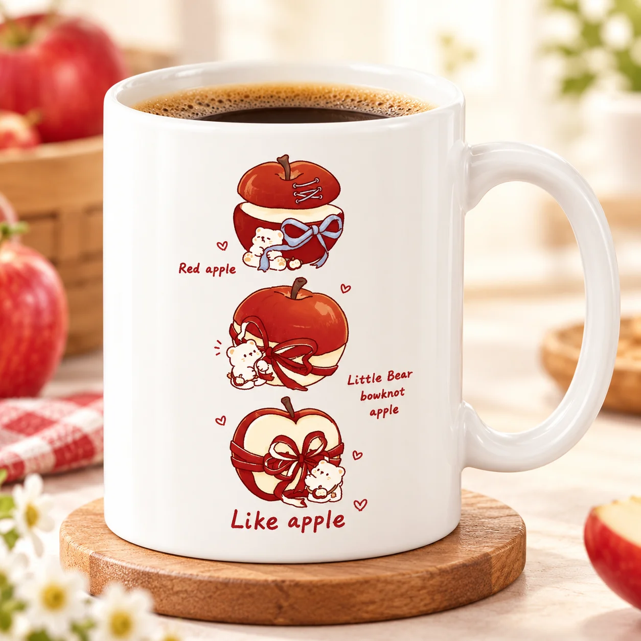 1pc Kawaii Animal Sublimation Ceramic Drinking Mug, Little Bear Red Apple Print Ceramic Cup, Special Gift For Girls & Friends