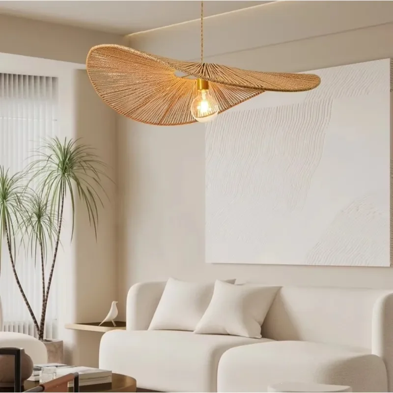 for Japanese Style Silent Wind Retro Chandelier Living Room Dining Room Bed and Breakfast Bedroom Loft Hemp Rope Woven Lamp