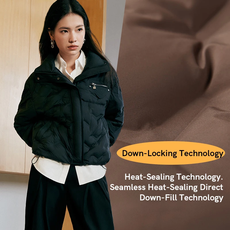 Chericom Chaqueta corta de plumón para mujer, chaquetas de plumón a prueba de viento con cremallera y cuello levantado, ropa femenina de moda con cordón 2025 Y309052Y