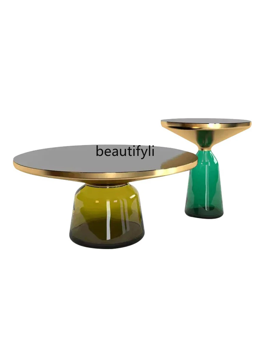 Small Coffee Table Hand Blown Colored Glaze Glass Living Room Home Retro Rounded Corner Side Table